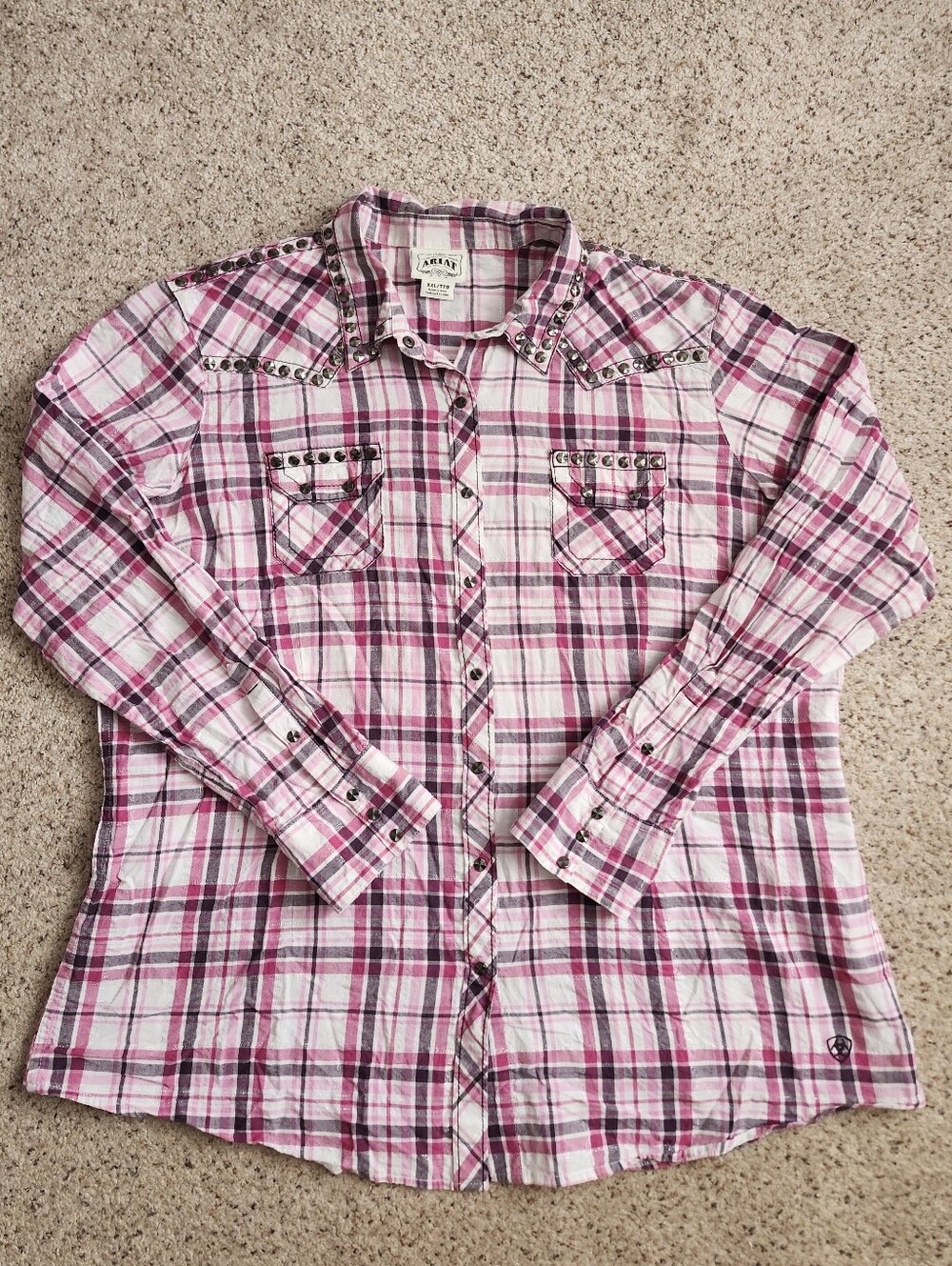 Ariat Pink and White Plaid Button-Down Shirt with Stud Details